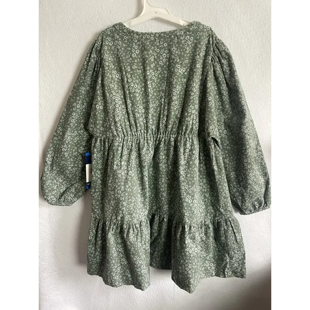 Gap Kids Green Corduroy Floral Casual Flower Dress Long‎ Sleeves Buttoned XL
